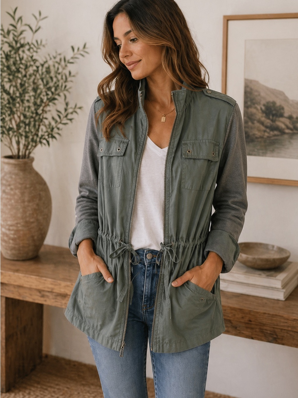 Style & Co Olive Green Utility Jacket Drawstring Safari Chic NWT L